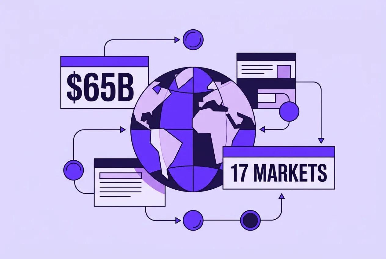 Editorial 2D infographic highlighting $65B annualized volume and multi-market stablecoin payouts.