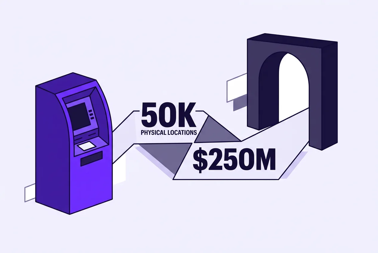 Infographic showing Coinme's 50K retail locations bridging into digital payments for $250M.