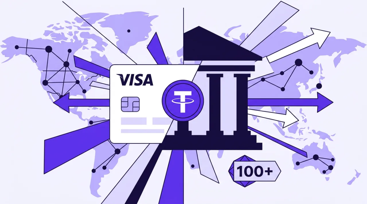 Editorial illustration of a Visa stablecoin card bridging traditional banking and global digital networks.
