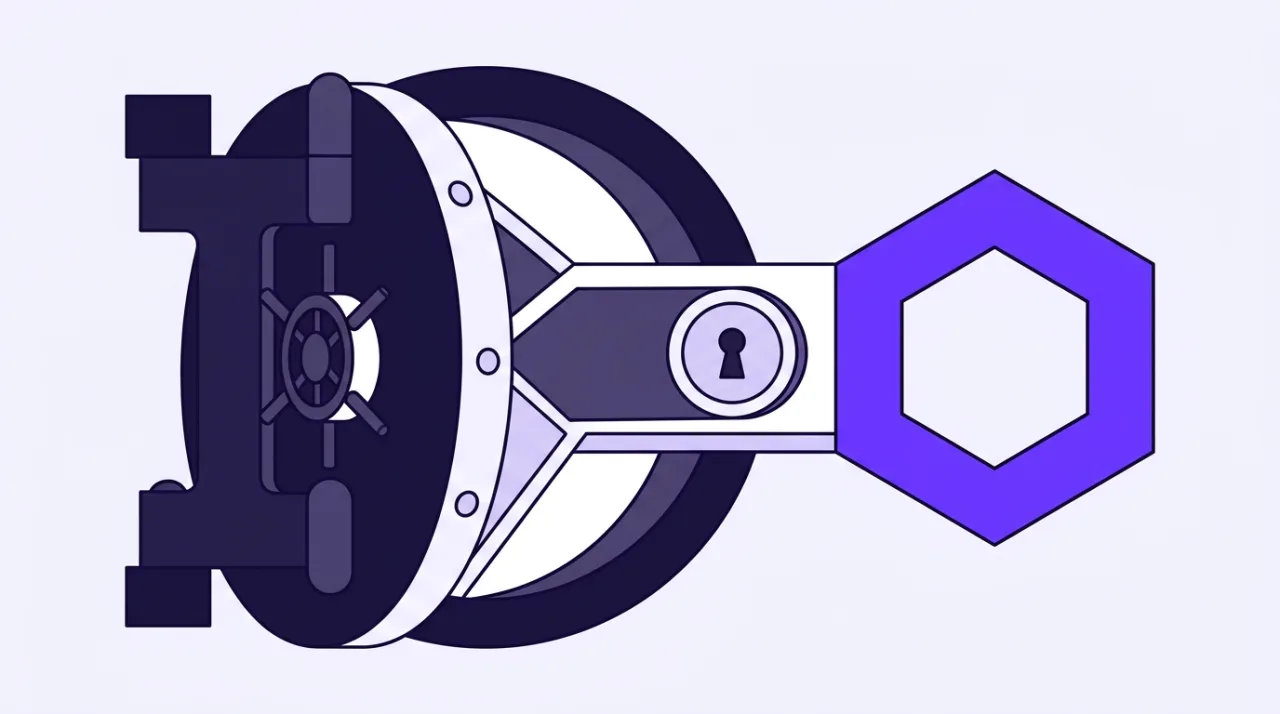 2D editorial illustration of an institutional custody vault bridging into Chainlink DeFi lending network.
