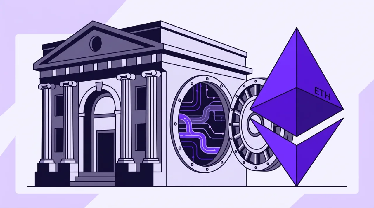 2D vector illustration of an institutional bank facade connecting to Ethereum for JPM Coin tokenized deposits.