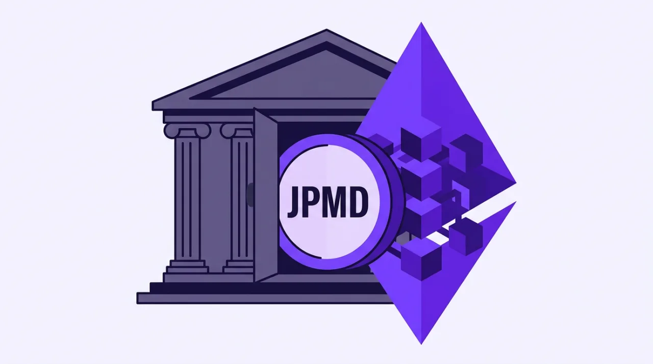 JPM Coin JPMD deposit token entering the Ethereum network in flat purple editorial art