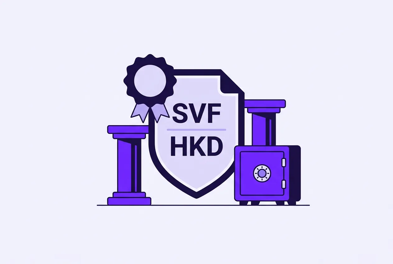 Vector graphic of an official regulatory license and reserve backing shield for Hong Kong stablecoins.