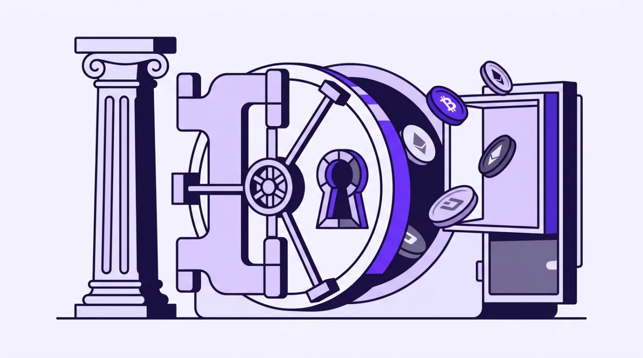 2D vector illustration of an institutional bank vault integrating digital asset custody infrastructure.