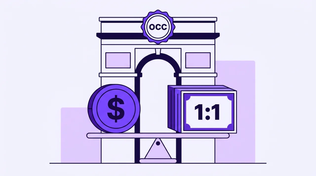 OCC GENIUS Act stablecoin editorial graphic illustrating 1:1 reserve backing on a regulatory scale.