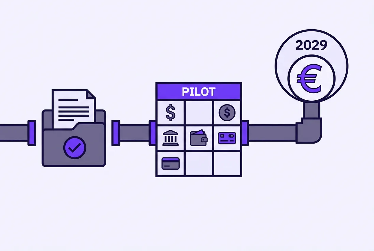 Infographic timeline of the digital euro rollout leading to targeted issuance in 2029.