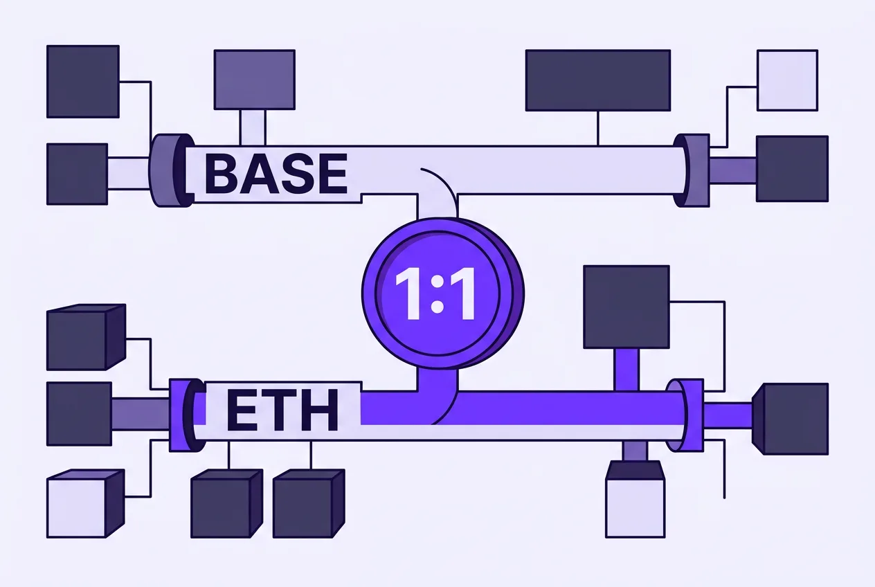 Vector infographic showing JPM Coin deposit token routing between Base and Ethereum mainnet