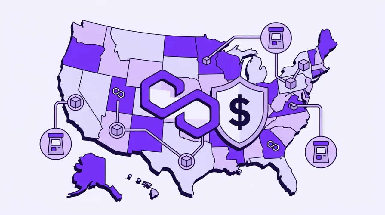 Polygon and Coinme acquisition illustration with US map, stablecoin symbols, and regulatory shield.