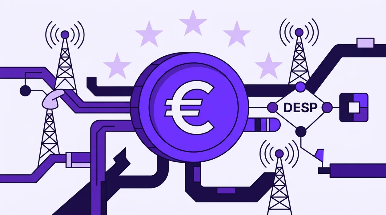 2D vector illustration of a digital euro coin connecting to network infrastructure for ECB DESP connectivity.