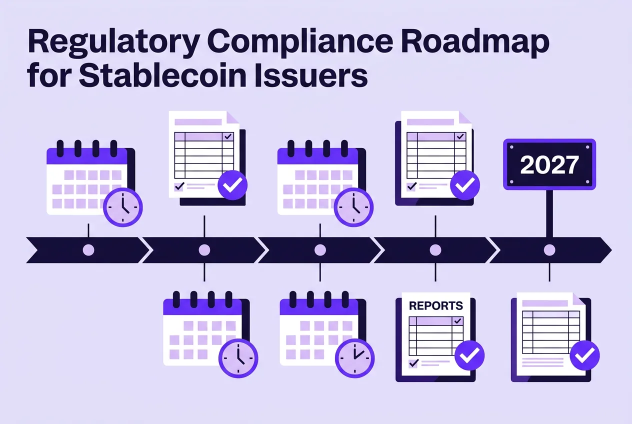 Infographic showing the 2027 OCC stablecoin compliance timeline and reporting rules.