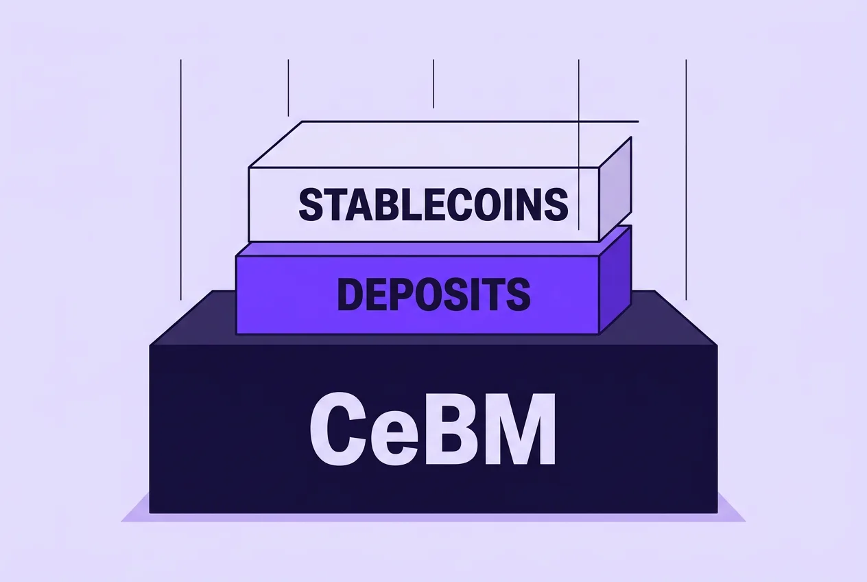 Infographic showing tokenized central bank money anchoring tokenized deposits and stablecoins.