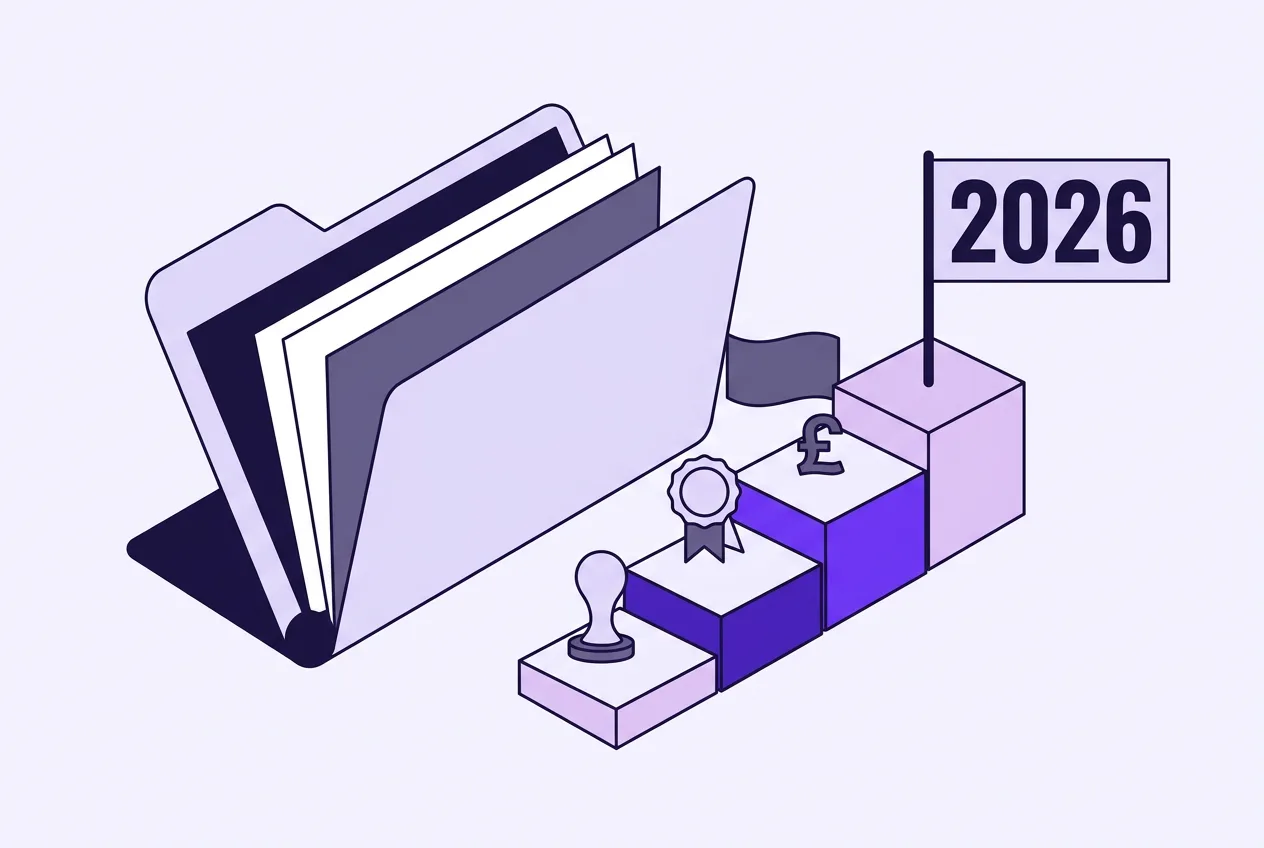 Flat vector infographic displaying a digital pound blueprint roadmap leading to 2026.