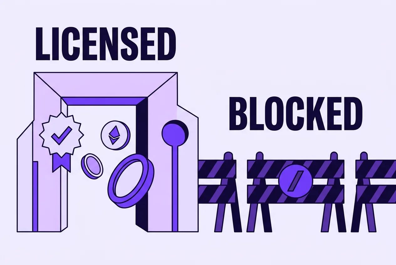 Graphic comparing licensed digital asset operators versus blocked crypto platforms in Kazakhstan.
