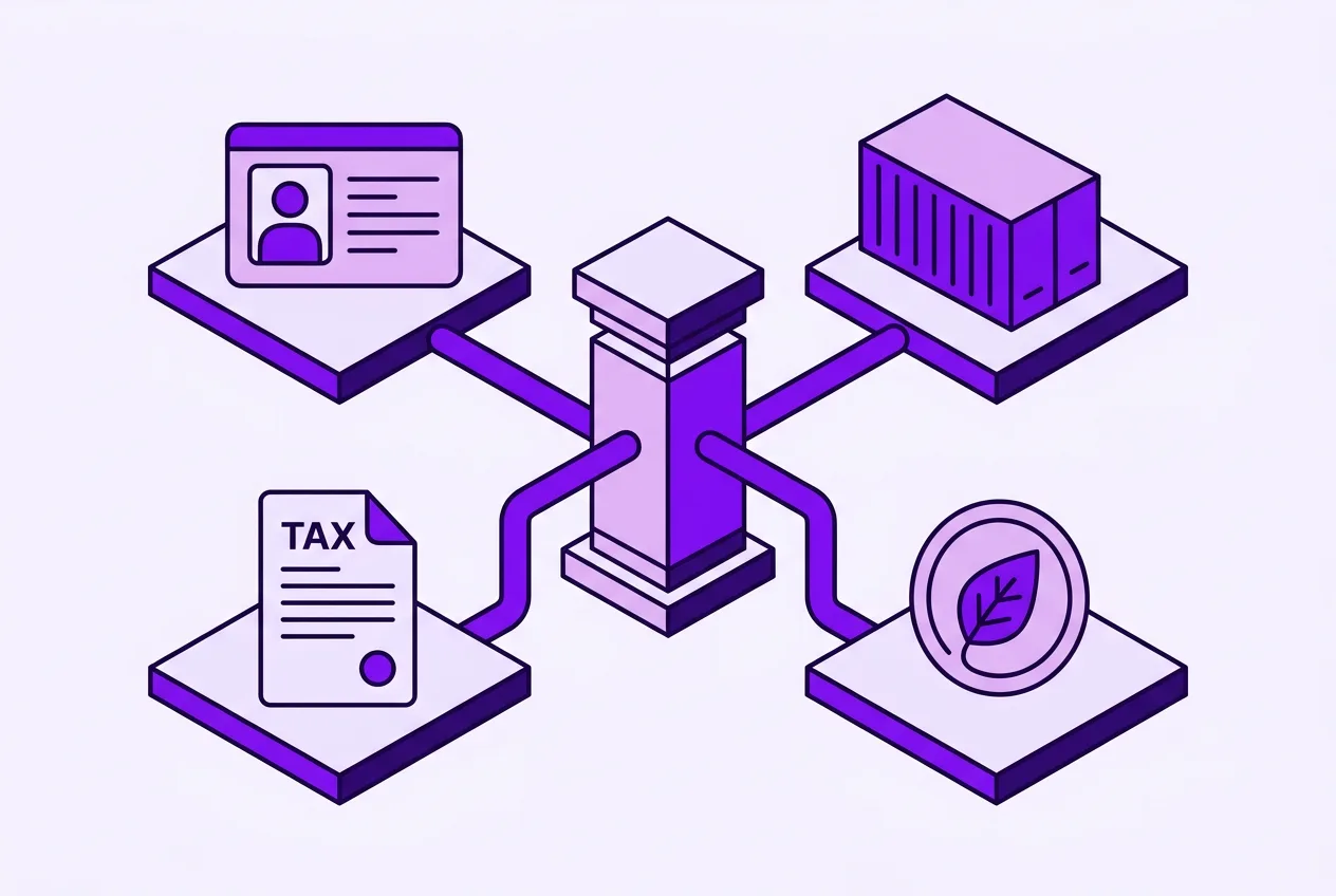 2D editorial infographic showing centralized blockchain governance branching into sector-specific deployments.