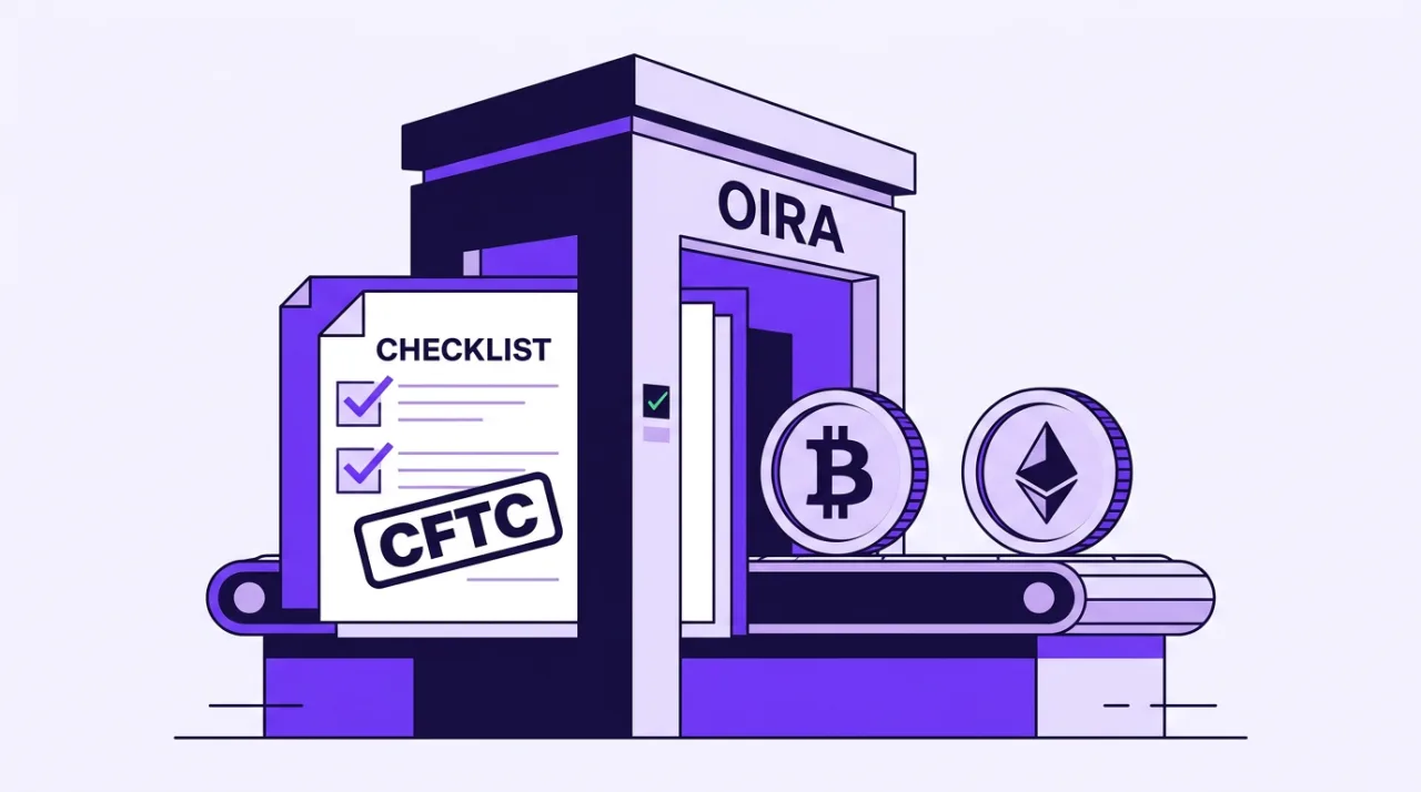 2D editorial vector graphic of CFTC crypto regulation proposal document entering an OIRA review gate.