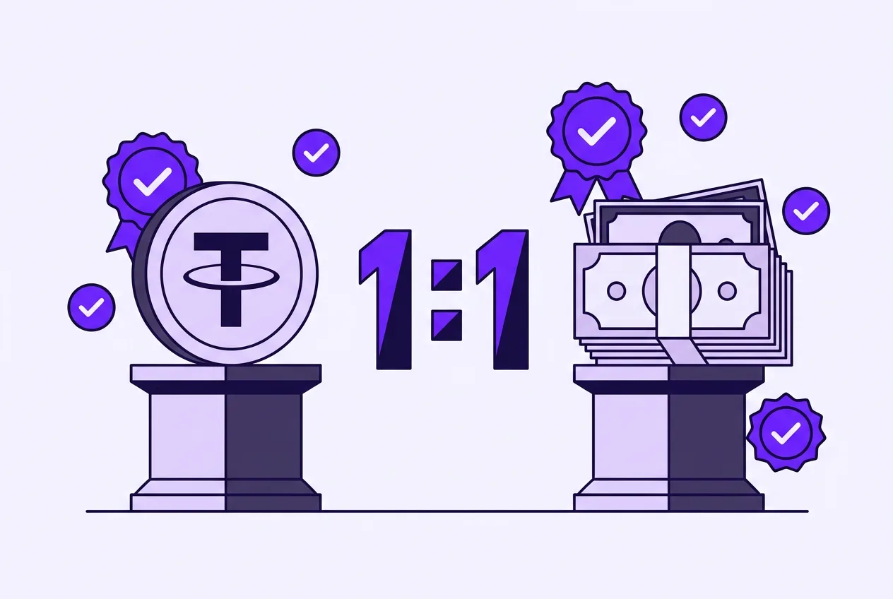 Flat vector infographic illustrating 1:1 cash and liquid asset backing for payment stablecoins