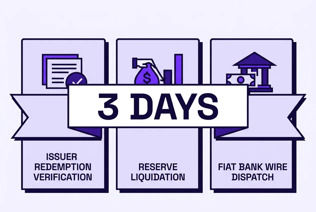 Flat 2D infographic showing Canada's proposed three-day stablecoin redemption process for retail holders.