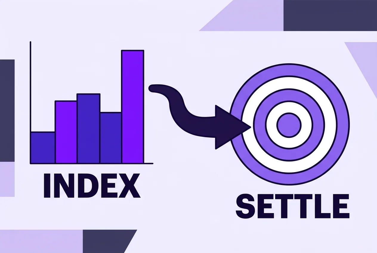 Flat vector infographic depicting index data flowing into a prediction market contract settlement target.