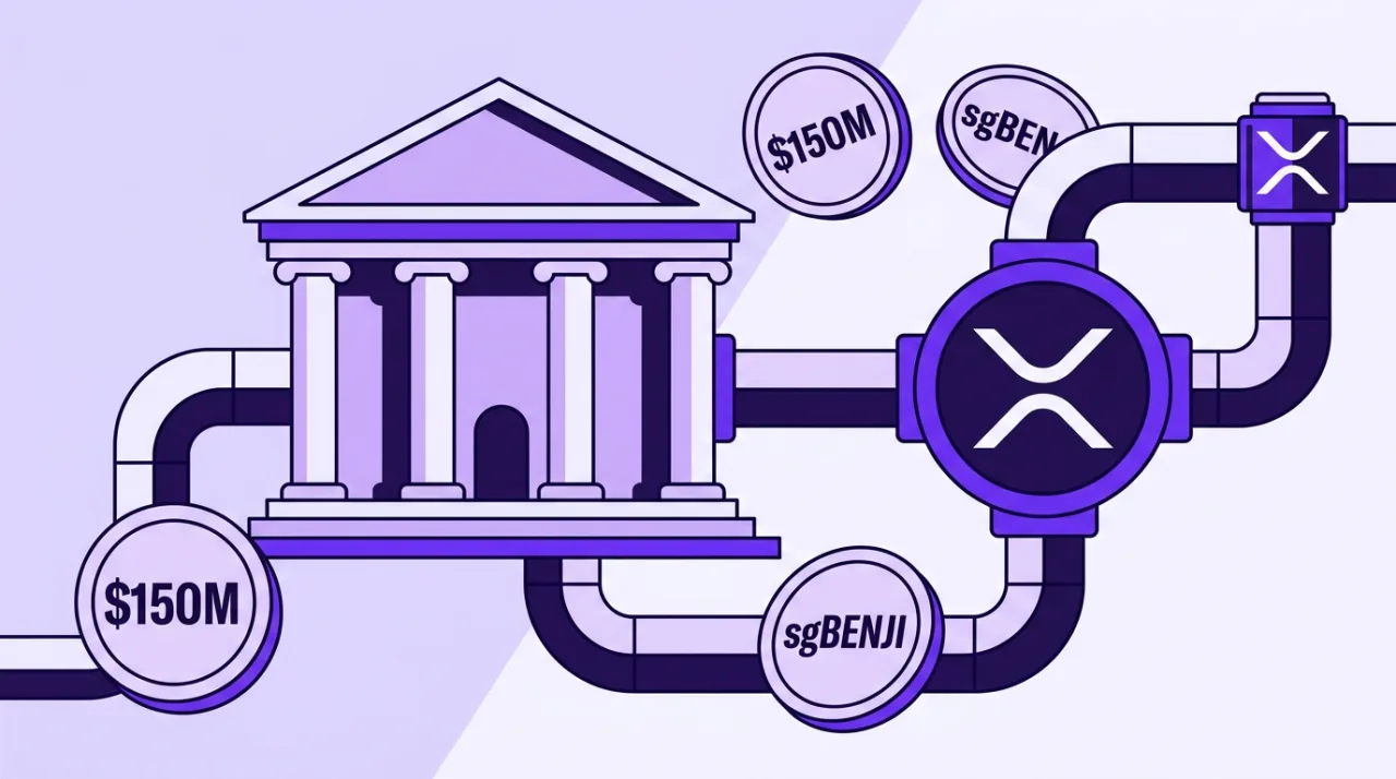 Editorial illustration of Franklin Templeton issuing 150 million dollars in sgBENJI shares on XRP Ledger