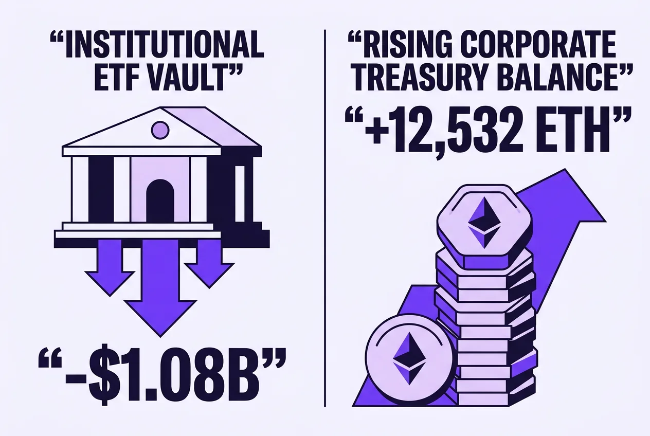 Editorial infographic contrasting Ethereum ETF outflows against corporate treasury additions.