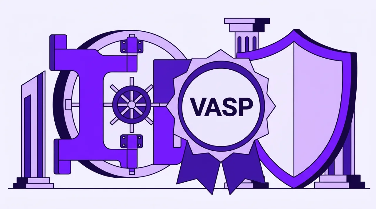 Flat vector illustration of a VASP institutional crypto custody vault and regulatory shield in purple tones.